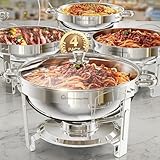 WARMOUNTS 4er Set Chafing Dish Buffet 5L, Rund Speisenwärmer für Catering mit Glasdeckel & Deckelhalter, Hochglanzpoliert Edelstahl, Lebensmittelecht für Feiern, Hochzeit, Events, Camping, Dinner