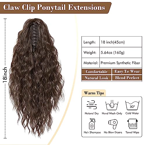 PORSMEER Ponytail Extension,Claw Clip Ponytail Hair Extensions Dark Brown Natural Looking Long Curly Wavy Multi Layered Fluffy Synthetic Hairpiece for Women Daily Wear or Party,18inch - Image 2