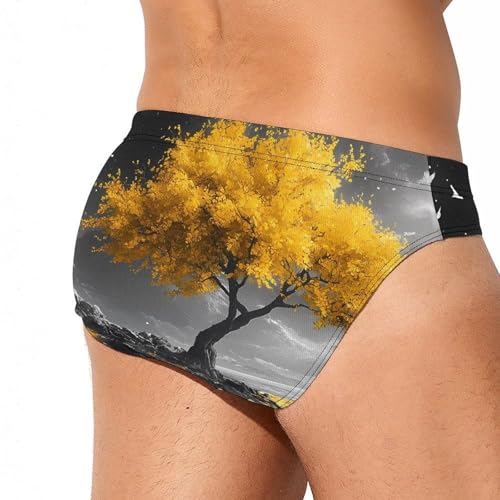 Yellow Tree Boat Printed Swim Briefs for Men Sexy Bikini Swimwear Elastic Beach Trunks Bathing Suit4