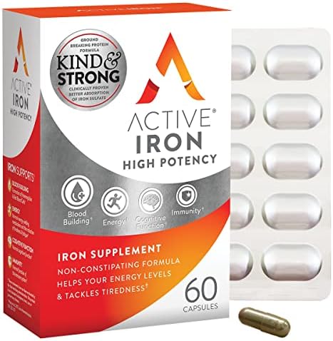 Active Iron High Potency Iron Supplement, 2X Better Absorption & Non-Constipating, Helps Support Energy, Iron Pills for Women & Men, 25mg (60 Capsules)