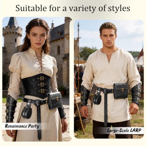 Image of Renaissance Belt Pouch Medieval Viking Leather Bracers Set for LARP