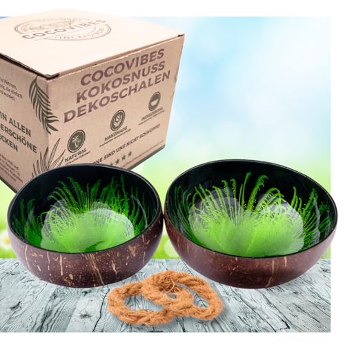 cocovibes Kokosnuss Schalen mit Anti-Kipp-Ring – 2er Set handgemachte Dekoschalen, ⌀ ca. 13 cm – lackiert grün schwarz (LIME-2)