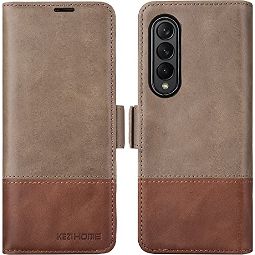 KEZiHOME Samsung Galaxy Z Fold 3 5G Case, Genuine Leather Galaxy Z Fold 3 Wallet Case [RFID Blocking] with Card Slot Flip Kickstand Phone Cover Compatible with Galaxy Z Fold 3 (2021) (Gray/Brown)