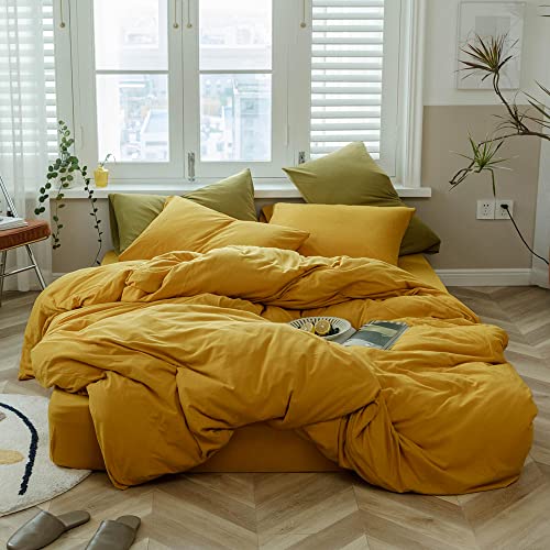 Image of VM VOUGEMARKET Yellow Duvet Cover Sets King,Jersey Knit Cotton Gold Bedding Set (1 Duvet Cover + 2 Pillow Shams),Simple Luxury Down Comforter Cover with Zipper Closure-King,Gold