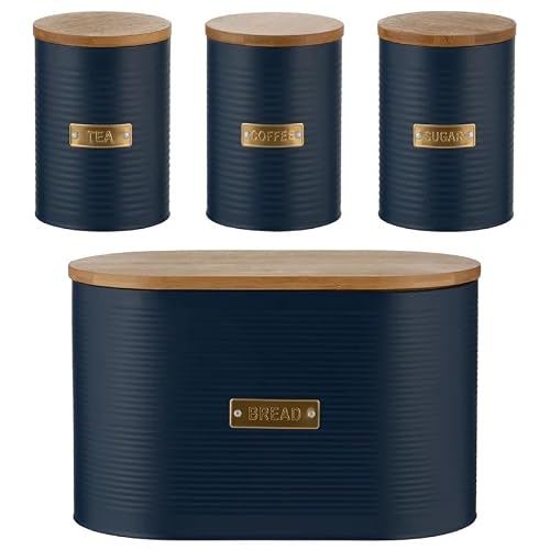 Image of Typhoon Otto Kitchen Storage Canister Set, Black Metal with Bamboo Lids, Tea Coffee Sugar Containers and Bread Bin (Navy Set of 4)