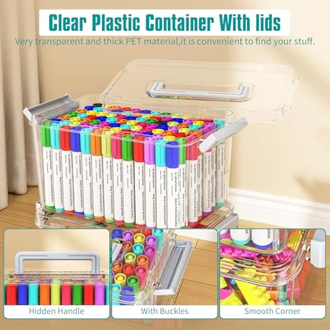 Plastic Storage Bins with Lids Stackable organization and Storage Containers for Organizing Snacks, Crafts, Tools Clear Storage Box with Latching handle(Clear, 2PCS-4.5QT 2PCS-8.5QT)