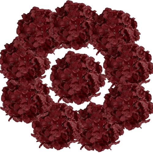Auihiay 10PCS Hydrangea Artificial Flowers Faux Burgundy Flower for Wedding Centerpieces DIY Bouquets Bridal Shower Floral Decor Home Decoration with Stems (VASE NOT Included)