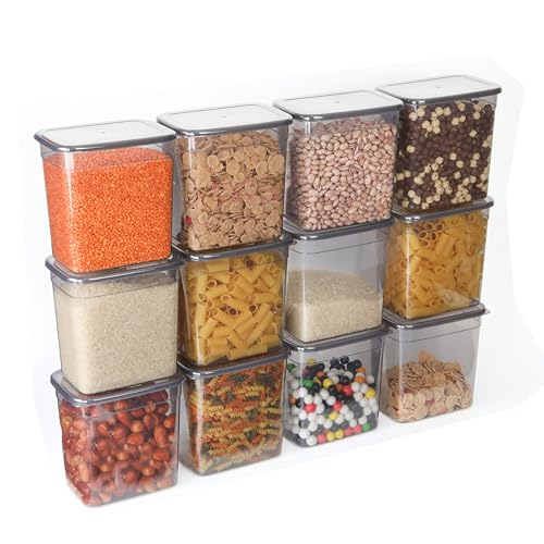 T&D HOME GOODS Storage Jars with Lid, Airtight, Set of 12 Storage Containers, BPA-Free, Storage Container for Cereal, Flour, Kitchen, Practical Organiser Kitchen, (12, Rectangular)
