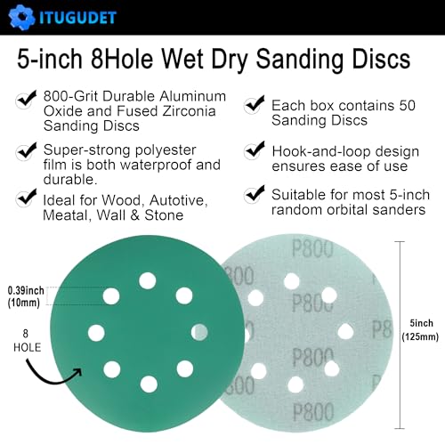 Image of 5 Inch 8 Hole 800 Grit Zirconia Alumina Hook & Loop Sanding Discs, Heavy-Duty Polyester Film Backing, Wet /Dry Anti-Clog for Random Orbital Sanders - Wood, Automotive, Metal - 50 Pack