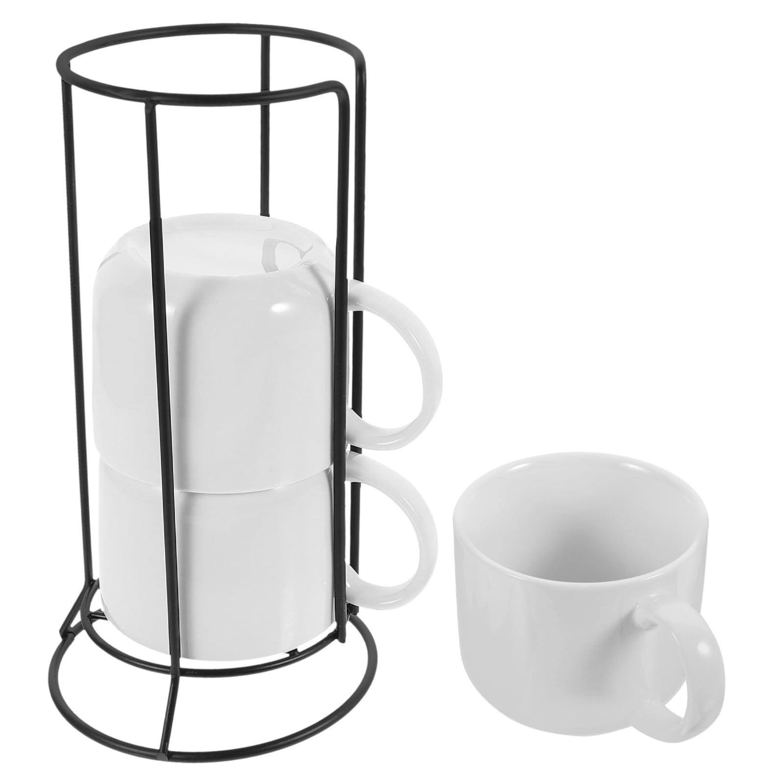 Zerodeko Tazas de Cerámica Bordes Suaves Juego de 4 para Café y Agua con Soporte de Hierro Blanco y Diseño Resistente, Adecuado para Cafeterías y Panaderías