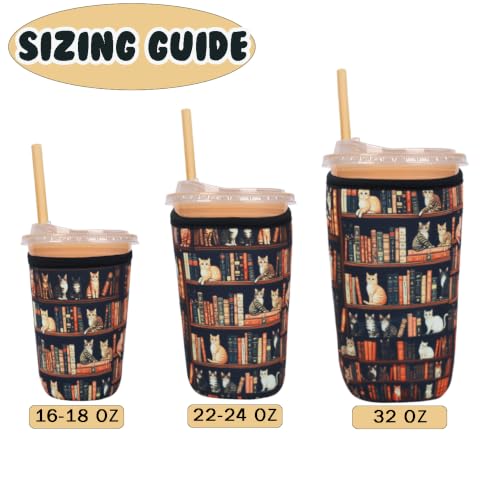 Image of Reusable Insulated Neoprene Iced Coffee Cup Sleeve, Durable Drink Sleeve for Cold Beverages, Beverage Holder for Iced Coffee (Cat Library)