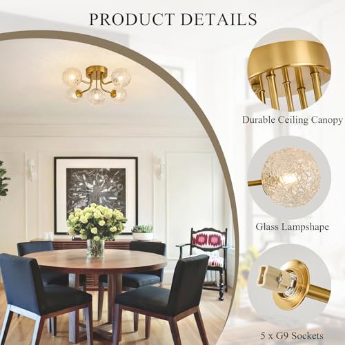 Image of Sputnik Semi Flush Mount Ceiling Light Mid Century Modern Gold Ceiling Light 5 Lights Clear Glass Globe Chandelier for Bedroom Kitchen Entryway Closet