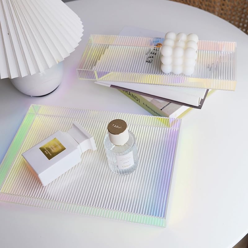 Rainbow Acrylic Vanity Trays,Iridescent AcrylicStorage Tray,Makeup Storage Organizer for Vanity, Dresser, Bathroom, Living Room, Coffee Table (11.81''x7.87''x1.18'', Rainbow)