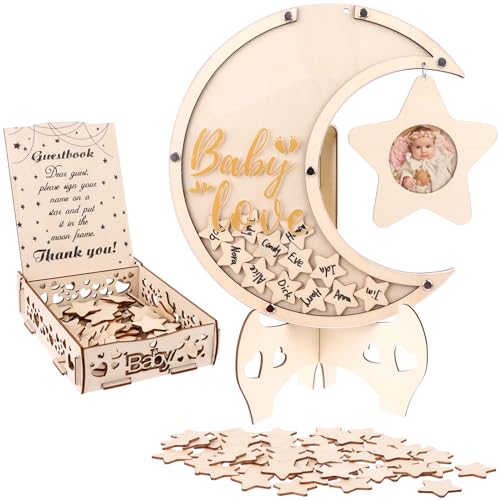 PIAOPIAONIU 83 Pcs Moon Baby Shower Decorations Guest Book Alternatives with Star Photo Frame Wooden Sign in Guest Book Heart Sign for Wedding Boys Girls Birthday Parties Keepsakes 12Inch