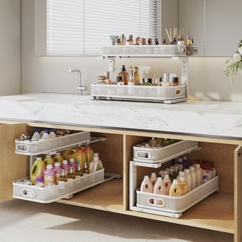 Image of 2 Pack 21.3IN-Depth Under Sink Organizer with Smooth Cylindrical Rail,2-Tier Pull Out Multi-Purpose Cabinet Storage for Bathroom&Kitchen,Height Adjustable,Rust-Resistant Coating-White