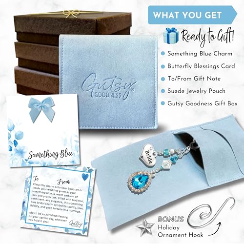 Gutsy Goodness Something Blue Wedding Teardrop Charm Gift For Bride, Handmade Glass Rhinestone Aquamarine Heart Bouquet Pendant | Jewelry Pouch Accessory, Bridal Shower Idea From Bridesmaid Friend | Gutsy Goodness thumb #3