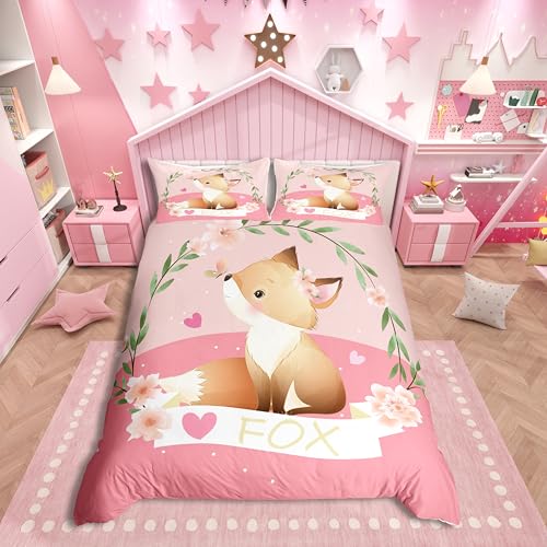 Housse de Couette de Renard de Bande Dessinée pour les filles Ensemble de literie 140x200 d'enfant de renard mignon pour les garçons et les filles kawaii animal Parure de Lit botanique Floral Fleurs