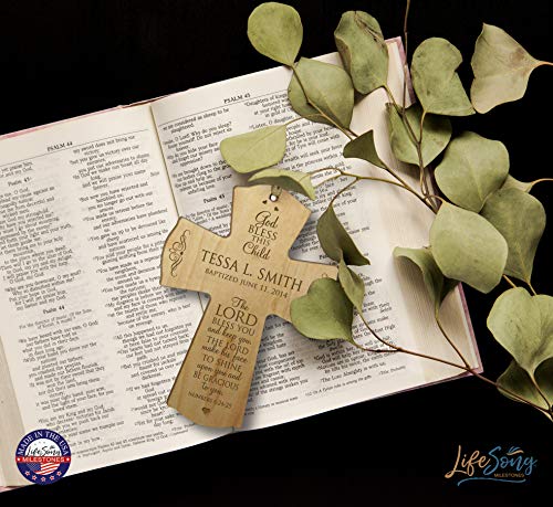 Image of LifeSong Milestones Personalized Baptism 1st Holy Communion Christening Wall Cross Decoration God Bless This Child The Lord Bless You and Keeps You (4.5 inch x 6 inch, Maple)