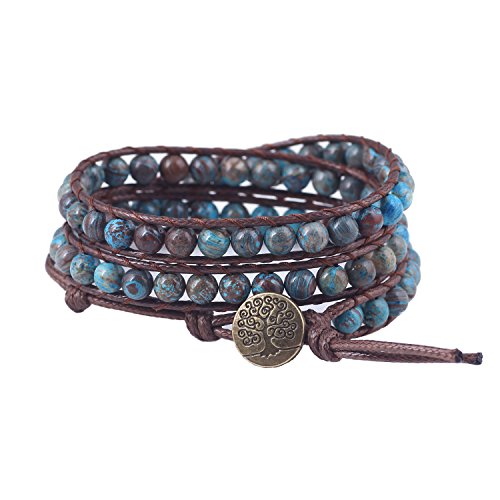 Leather Wrap Bracelet Handwoven Jasper Bead Wrap Bracelet Tree of Life Button Healing Bracelet Charm (Style 3 Wrap Agate)