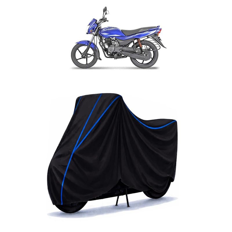 Image of Bajaj Platina 100 Comfortec Bike Cover Water Resistant Universal Motorcycle Rain | Heavy Duty UV Protection, Dust, Scratch Indoor Outdoor All Weather with Black Blue Piping Elastic