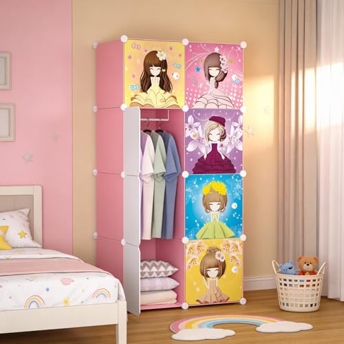Image of KRISHYAM Portable Collapsible Plastic Wardrobe Closets 8 Storage Cube Closets with 1 Hanging Rod & 8 Doors,Multipurpose Kids Wardrobe for Baby Clothes /Book /Towels /Toy /Shoes (Barbie Print)