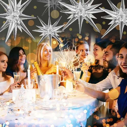 Image of TONIFUL 8 Pcs Explosion Star Balloons Silver Foil Balloon Party Decorations | 2 Size Mylar Star Balloon for New Year Party Decor Christmas Graduation Birthday Wedding Baby Shower Photo Booth Supplies