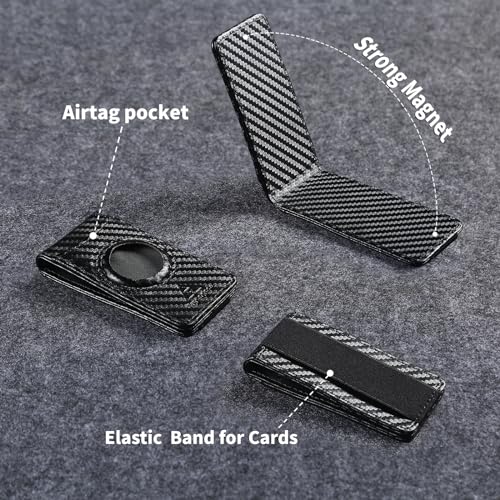Image of Slim Magnetic Money Clip Wallet for Men with Airtag Holder & Elastic Band, Leather Card & Cash Holder for Men, Carbon Black, Slim, Ultra Slim Design