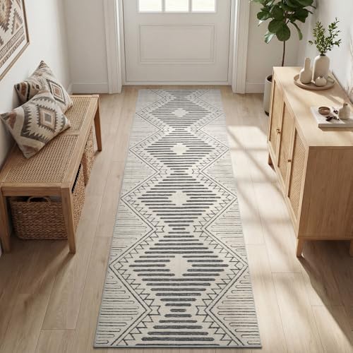 Charcoal Grey Boho 2x8 ft Runner Textured Tufted Rugs for Hallway Kitchen Bedroom Entryway Long Non Slip-Carpet Washable Neutral Modern Aztec Rug Charcoal Grey 2' x 8' (Rectangular)