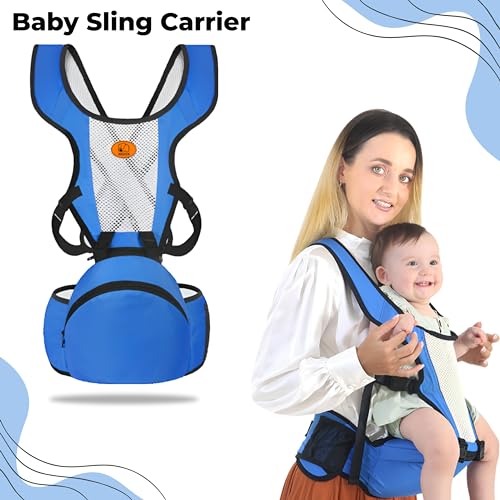 Image of Bembika Baby Carrier Newborn to Toddler with Hip Seat Multiple Positions Infant Carrier Soft Baby Holder Kangaroo Bag Sling Carrier for All Seasons - Blue