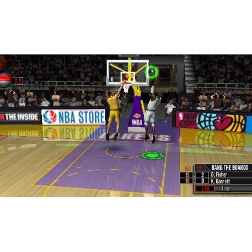 In-game screenshot of the 'Bang the Boards' mini-game, with two players near the basket and a score display.