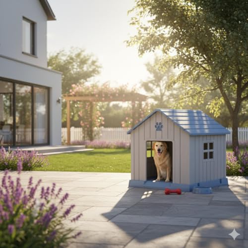 Image of Vizamoplast Paw Villa Medium Dog House | Premium PP Plastic Dog Kennel for Indoor & Outdoor Use | Weatherproof, UV Resistant, Water & Mildew Proof | Easy DIY Assembly | Ventilated | Easy Clean