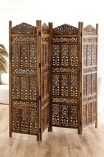 Image of Home & Goods International Wooden Room Divider Partition - Foldable Wood Screen Separator for Living Room, Bedroom, Office, Restaurant || Kangra Badrun, Brown - 4 Panel