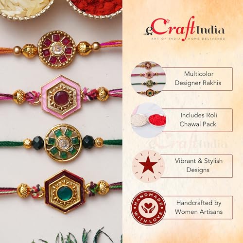 Image of eCraftIndia Set of 4 Multicolor Designer Rakhis, Best Bro Ever Fridge Magnet with Roli Chawal Pack - Rakhis for Brother, Bhabhi, Kids