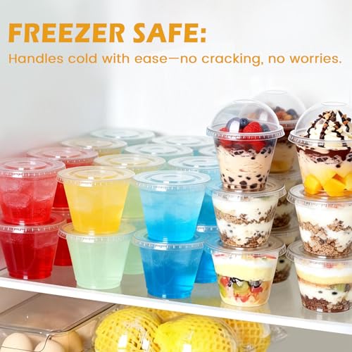 Image of Lamosi 200 Pack 9 oz Plastic Cups with Lids, Disposable Clear Cups with Lid | Small Cups with Dome Lid No Hole for Dessert, Ice Cream, Snack, Fruit, Cake, Pudding and To-go Drink, BPA Free, Freezer Safe