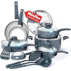 Mueller 16-Piece Nonstick Stone Cookware Set – PFOS/PFOA-Free, Stainless Steamer and Fry Pan, Vented Lids – Light Grey