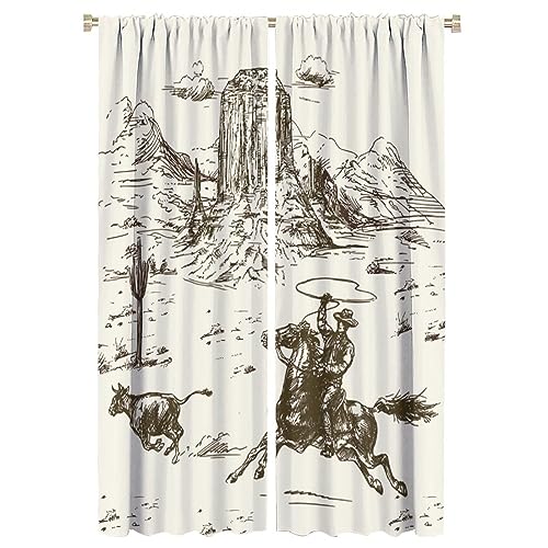 FBMLBRB Rustic Western Cowboy Rod Pocket Curtains for Bedroom - Abstract Vintage Wild West Desert...