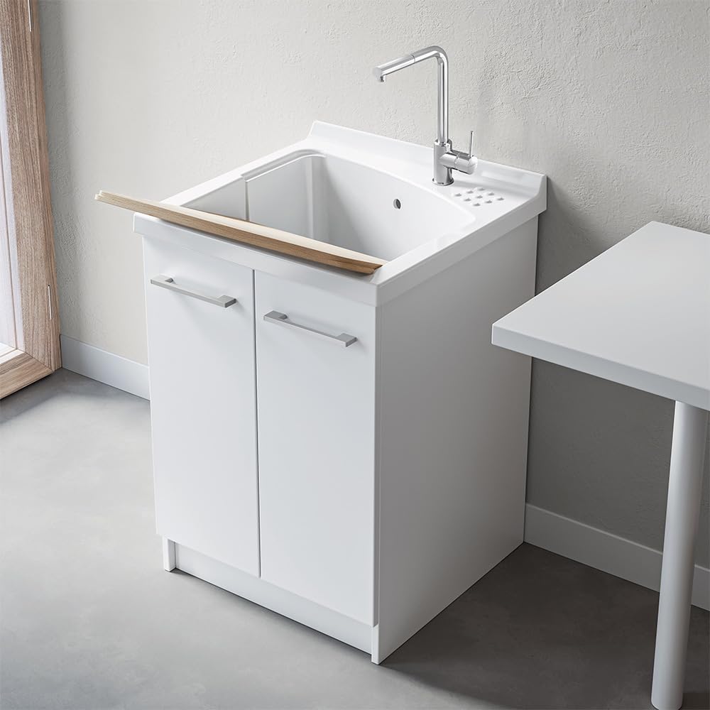 Mobile Lavatoio 61x50 Cm Con Vasca In Ceramica Linea Revine, Struttura Già Montata In Legno Nobilitato Bianco Con 2 Ante E Maniglie Cromo, Completo Di Asse Lavapanni