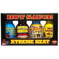 Découvrez les 4 sauces extrêmes d'Ass Kickin grâce à cette version miniature. de 100 000 à 1 000 000 (Echelle de scoville) Habanero hot sauce from hell : eau, piment Habanero, vinaigre, purée de carotte, sel, gomme de xanthane, ail, épices. Ass blast...