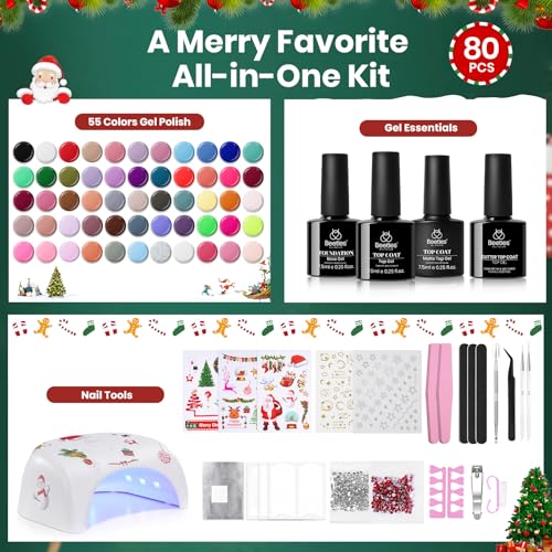 Image of Beetles 80 Pcs Christmas Gel Nail Polish Kit with U V Light - 55 Color Gel Nail Kit Gifts for Women Soak Off Color Enchantment Winter Red Nails Art Home DIY Salon Beginners Manicure Set