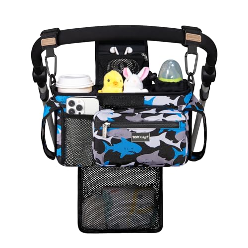Image of TOPDesign Universal Baby Stroller Organizer, Stroller Caddy with Detachable Mesh Bag & Heightened Insulated Cup Holders & Non-Slip Secure Hooks Accessories, Fits Most Strollers (Sharks)