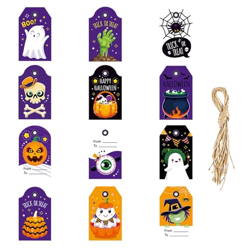 Colgantes de Halloween para bolsas, colgantes de Halloween alegres | Marcadores decorativos 12X, etiquetas de nombre de Halloween de papel, etiquetas de bolsas de regalo para dulces, regalos de fiesta