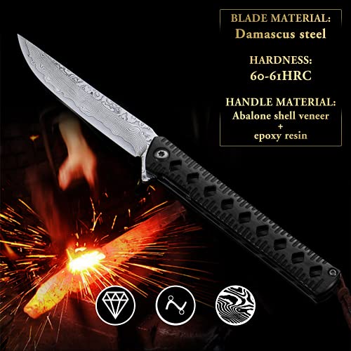 edcfans EDC Folding Pocket Knife with Damascus Steel Blade, Slim