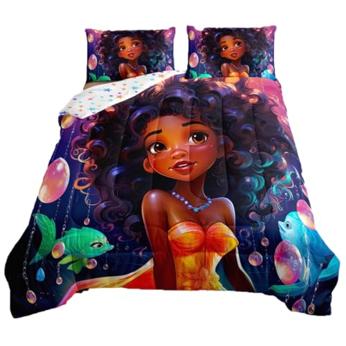Afro-American Girl Twin Comforter Set for Little Girl,Afro Kid Princess Melanin Bedding Set,Ocean Fish Toddlers American Black Girls Quilt for Girls Bedroom
