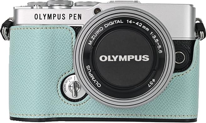 BMAOLLONGB E-P7 Case, Handmade PU Leather Half Camera Case Bag Cover Bottom Opening Version for Olympus PEN E-P7 With Hand Strap (Blue)