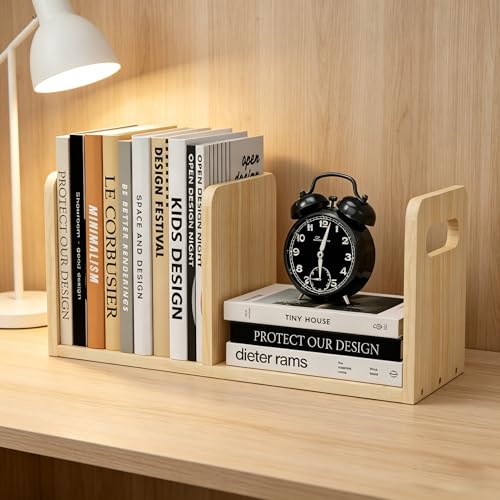 Image of 100% Solid Wood Adjustable Desktop Bookshelf With Movable Divider, Retro Tabletop Bookshelf With Convenient Handle Design for Living Room, Home, Office, Perfect for Magazine Book (Natural Wood Color)