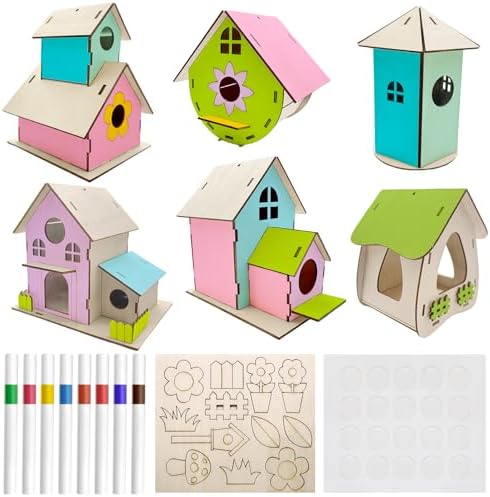 best birdhouse paint non toxic that will surprise you with results 8 Cinrobiye 6 Set DIY Wooden Birdhouse Craft Kit,Build and Paint Unfinished Wood Houses with Watercolor Pens Spring Party Art Project Creative Home Garden Decor Bulk Painting Supplies
