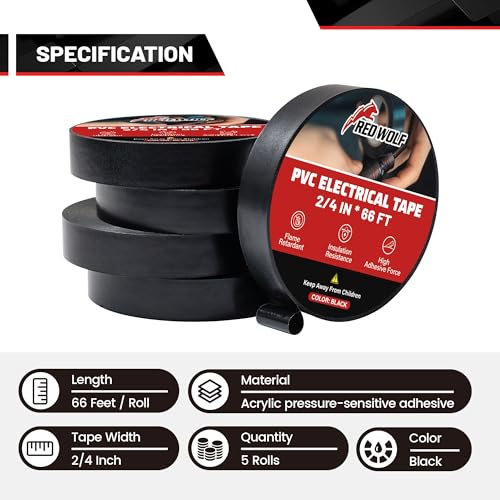 Image of RED WOLF Electrical PVC Tape 5 Packs 1 /2 inch x 66FT Acrylates Copolymer Viscosity Flexibility Electric Tape, Flame Retardant Waterproof 1000 Volt for Auto Engine Industrial Wrapping Wiring Harness