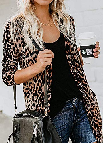 Shirt Cardigan for Women Printed Cardigan Leopard Coat Long Sleeve Open Front Cardigan Top w Pockets Brown