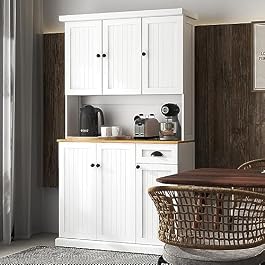 RASOO 71″ Pantry Cabinet Kitchen Hutch Buffet Cabinet Sideboard Oven Countertop Kitchen Storage Microwave Cabinet with 3 doors upstairs and 3 doors downstairs and 1 drawer, White