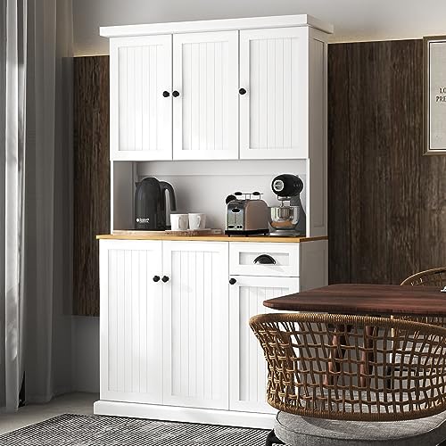 RASOO 71" Pantry Cabinet Kitchen Hutch Buffet Cabinet Sideboard Oven Countertop Kitchen Storage Microwave Cabinet with 3 doors upstairs and 3 doors downstairs and 1 drawer, White 2 51KJ0srAdVL